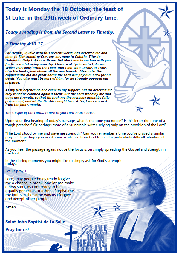 Daily Gospel Reading, a reflection and a prayer: MONDAY 18/10/2021 Daily Gospel Reading, a reflection and a prayer: MONDAY 18/10/2021
